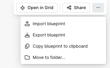 Menu Make.com avec les options Import blueprint, Export blueprint, Copy blueprint to clipboard