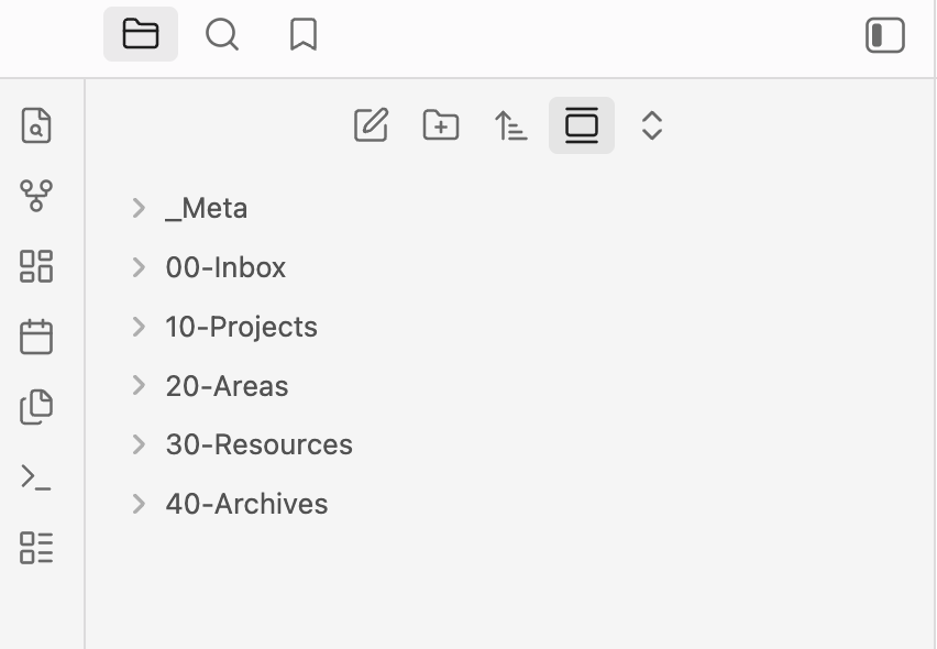 Arborescence du vault dans Obsidian avec les dossiers _Meta, 00-Inbox, 10-Projects, 20-Areas, 30-Resources, 40-Archives