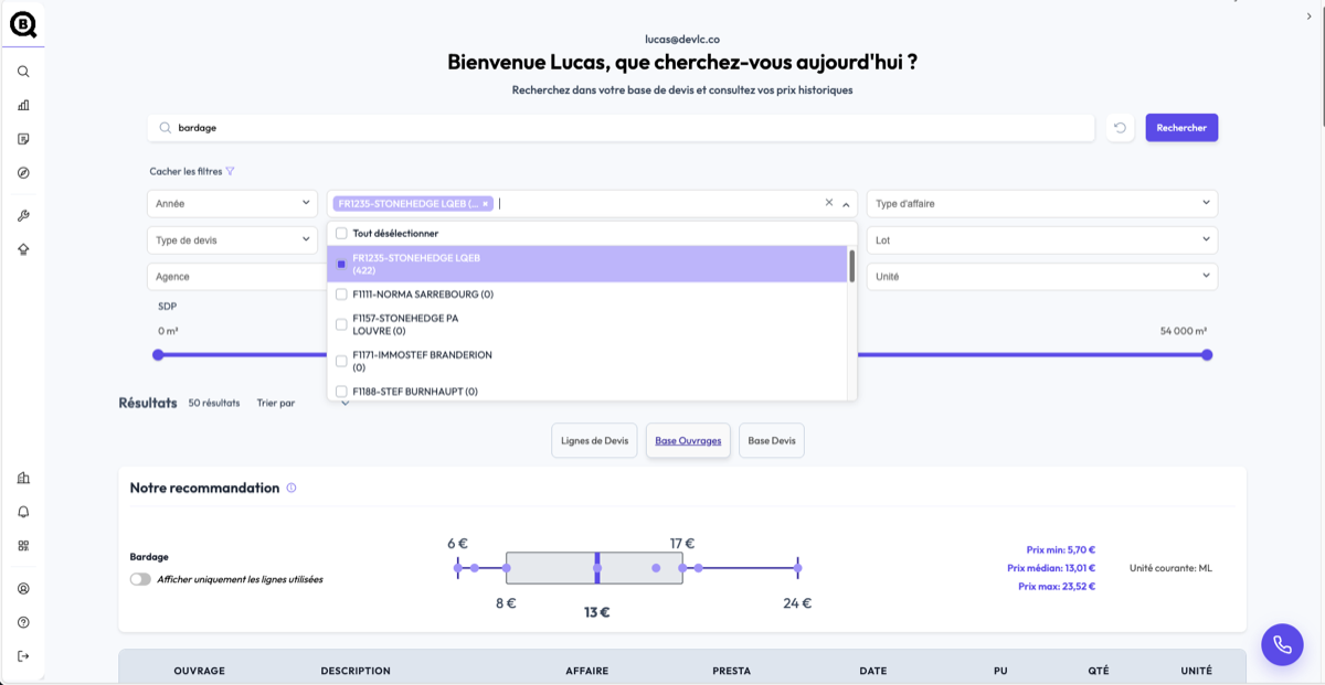 Interface BulQ — plateforme SaaS de pricing construction